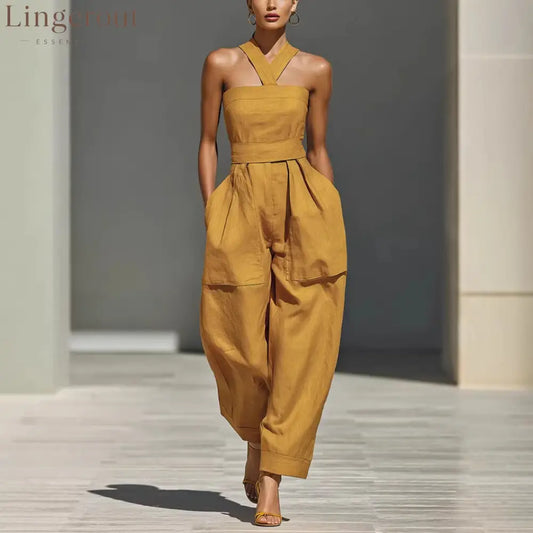 Linen Halter Wide Leg Pocketed Jumpsuit