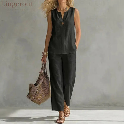 Linen Notch V-Neck Sleeveless Top & Cropped Wide Leg Pants Two Piece Set - Black / S