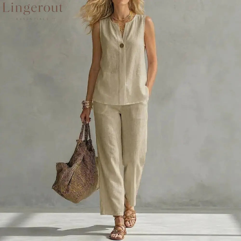 Linen Notch V-Neck Sleeveless Top & Cropped Wide Leg Pants Two Piece Set - Khaki / S