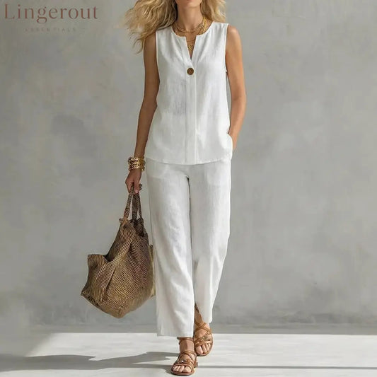 Linen Notch V-Neck Sleeveless Top & Cropped Wide Leg Pants Two Piece Set - White / S