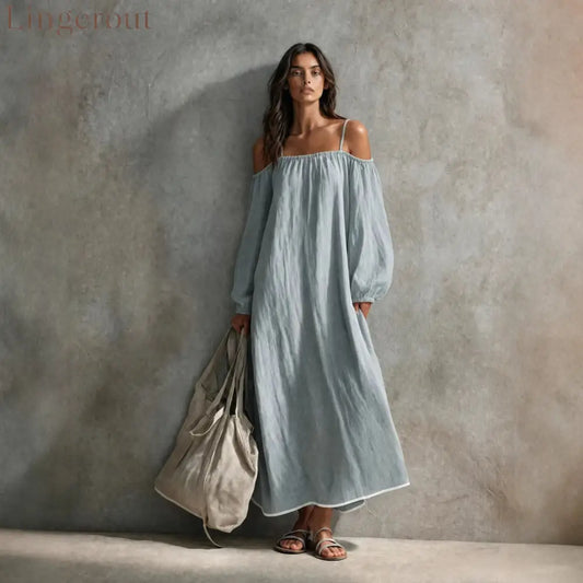 Linen Off Shoulder Bubble Sleeve Spaghetti Strap Maxi Tent Dress - Light blue / XS