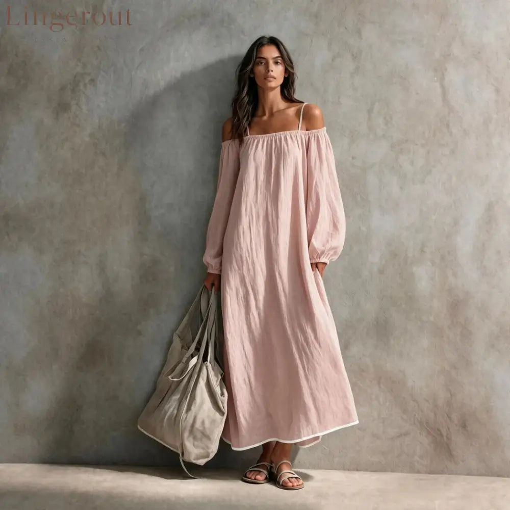 Linen Off Shoulder Bubble Sleeve Spaghetti Strap Maxi Tent Dress - Pink / XS