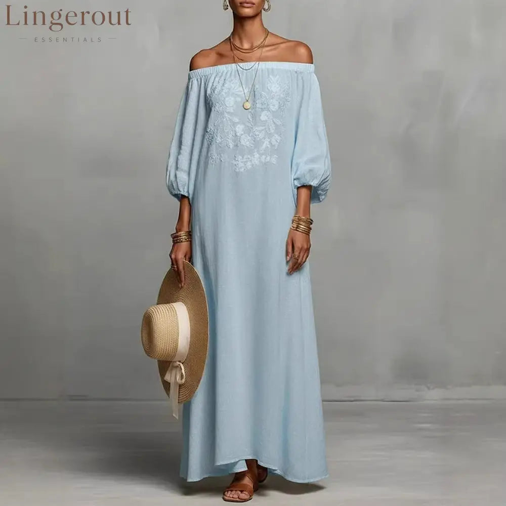 Linen Off Shoulder Floral Embroidery Balloon Sleeve Maxi Dress
