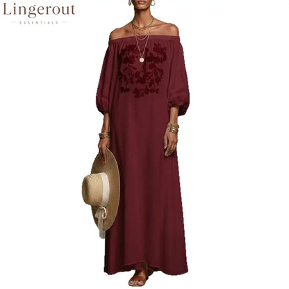 Linen Off Shoulder Floral Embroidery Balloon Sleeve Maxi Dress