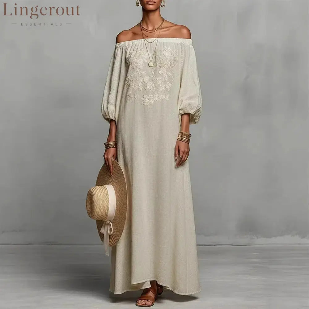 Linen Off Shoulder Floral Embroidery Balloon Sleeve Maxi Dress