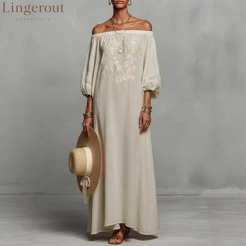 Linen Off Shoulder Floral Embroidery Balloon Sleeve Maxi Dress