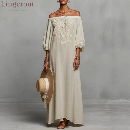Linen Off Shoulder Floral Embroidery Balloon Sleeve Maxi Dress