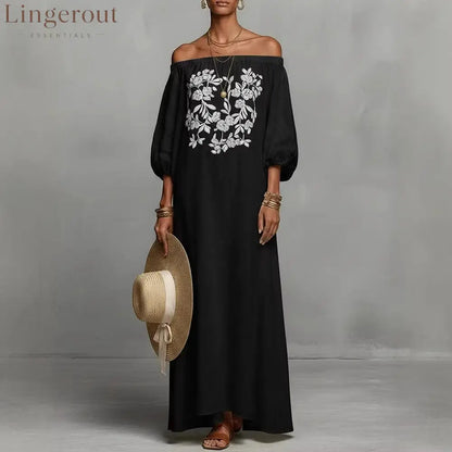 Linen Off Shoulder Floral Embroidery Balloon Sleeve Maxi Dress