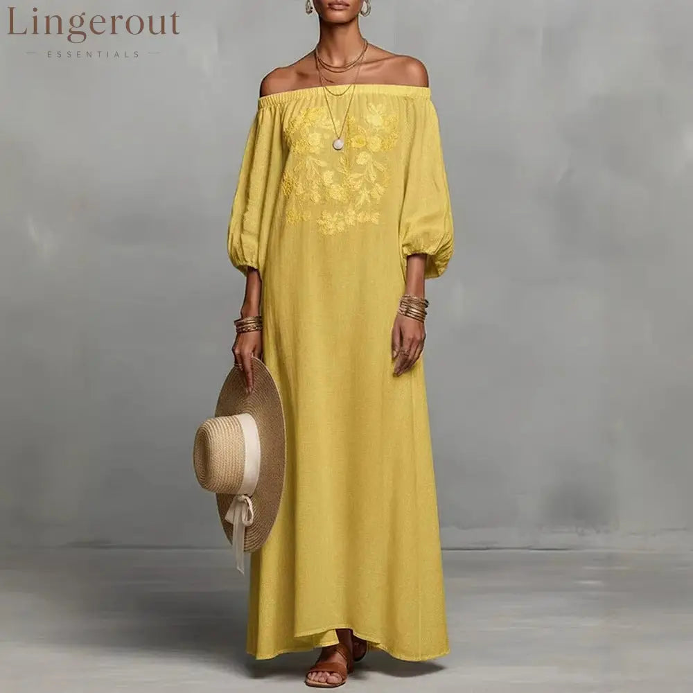 Linen Off Shoulder Floral Embroidery Balloon Sleeve Maxi Dress