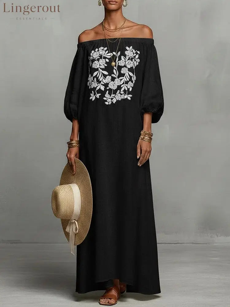 Linen Off Shoulder Floral Embroidery Balloon Sleeve Maxi Dress - Black / S