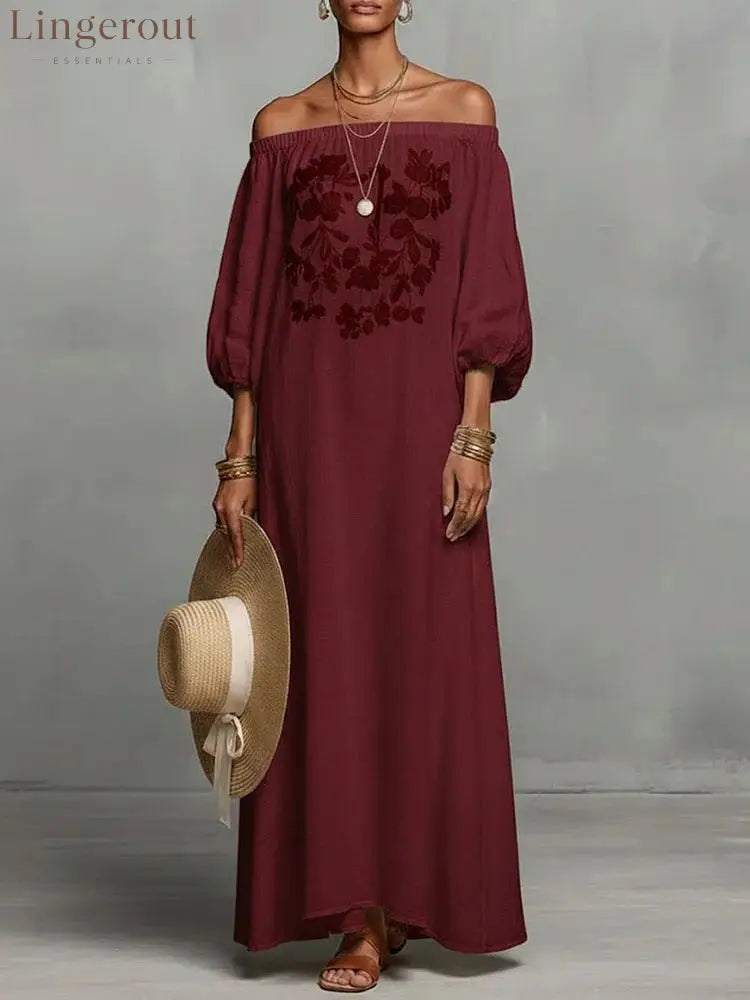 Linen Off Shoulder Floral Embroidery Balloon Sleeve Maxi Dress - Claret / S