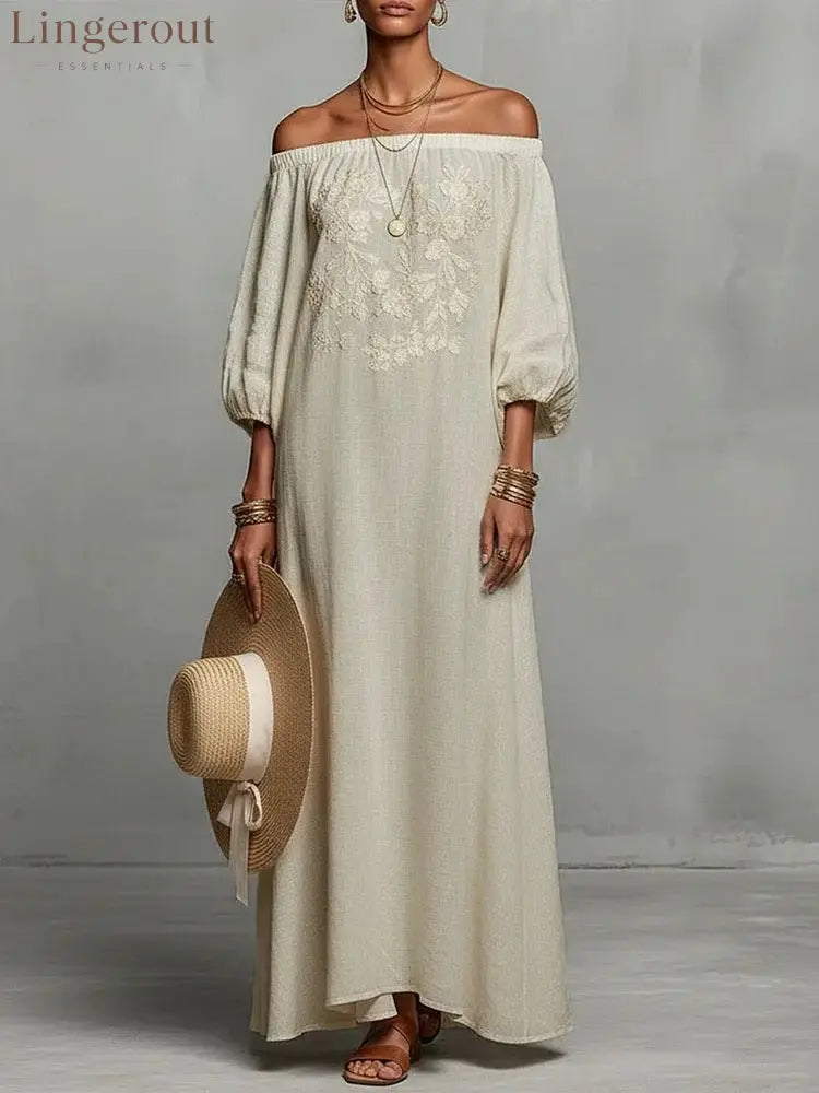 Linen Off Shoulder Floral Embroidery Balloon Sleeve Maxi Dress - Ivory white / S