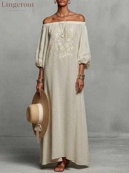 Linen Off Shoulder Floral Embroidery Balloon Sleeve Maxi Dress - Ivory white / S