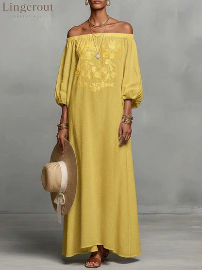 Linen Off Shoulder Floral Embroidery Balloon Sleeve Maxi Dress - Yellow / S