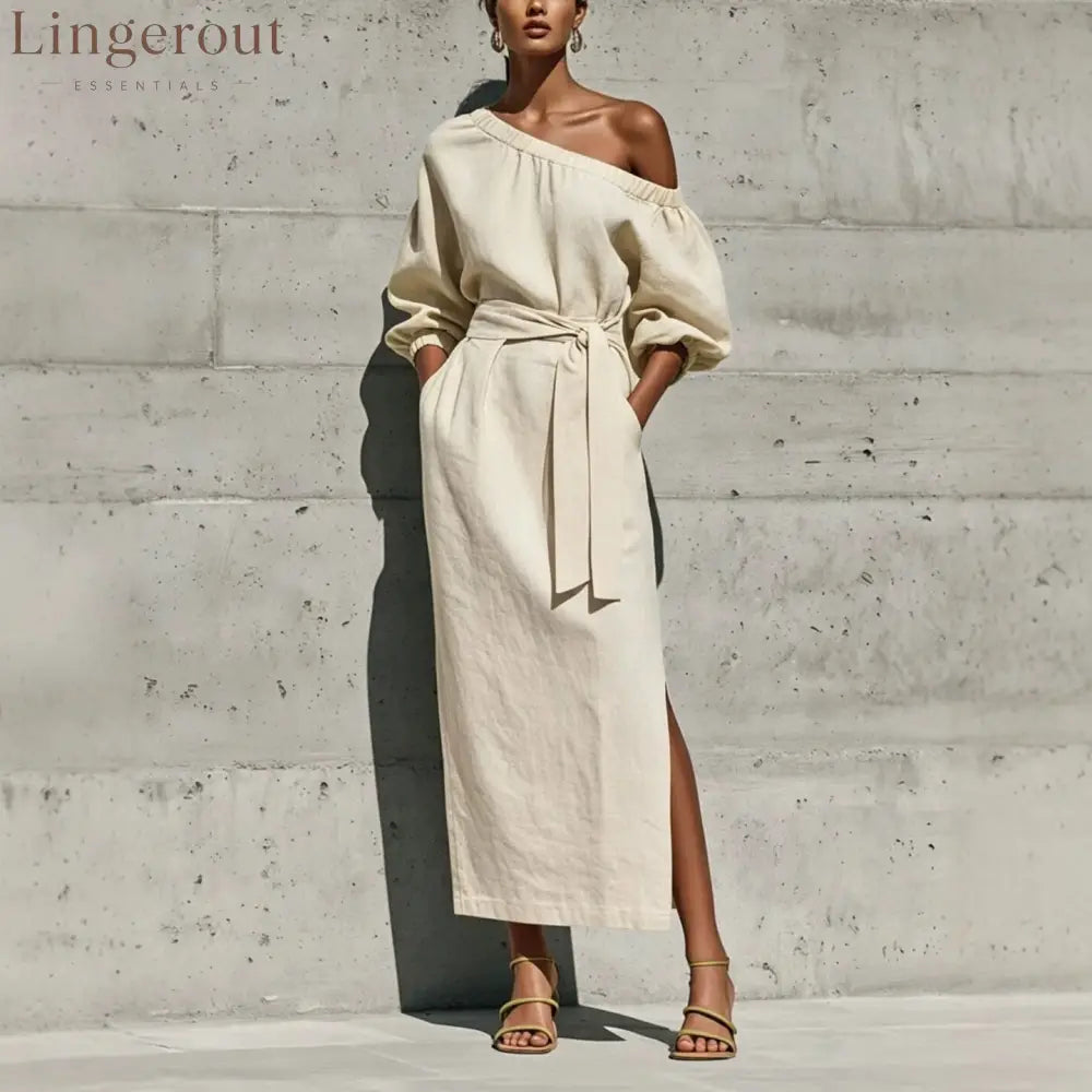 Linen One Shoulder Balloon Sleeve Self Tie Waist Side Slit Midi Dress