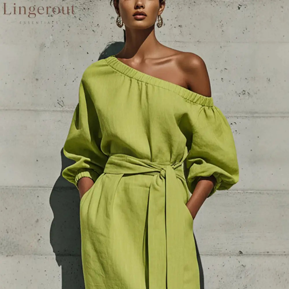 Linen One Shoulder Balloon Sleeve Self Tie Waist Side Slit Midi Dress