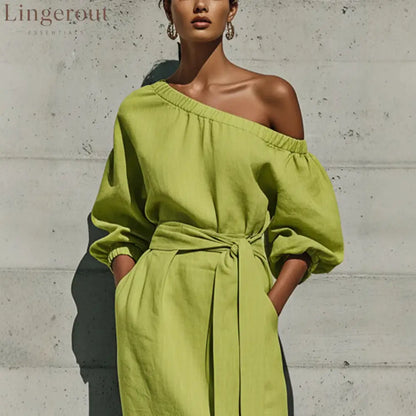 Linen One Shoulder Balloon Sleeve Self Tie Waist Side Slit Midi Dress