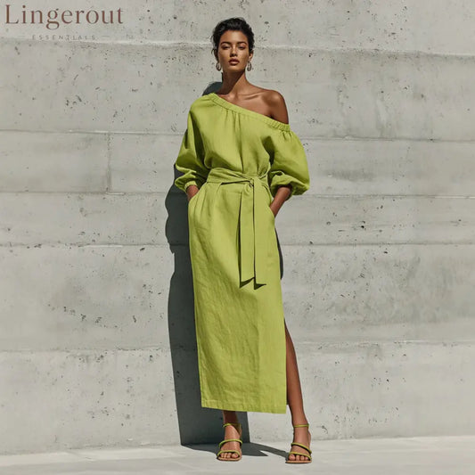 Linen One Shoulder Balloon Sleeve Self Tie Waist Side Slit Midi Dress