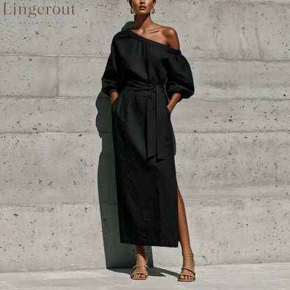 Linen One Shoulder Balloon Sleeve Self Tie Waist Side Slit Midi Dress - Black / S