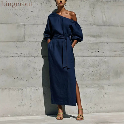 Linen One Shoulder Balloon Sleeve Self Tie Waist Side Slit Midi Dress - Dark blue / S