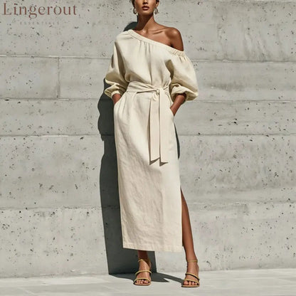 Linen One Shoulder Balloon Sleeve Self Tie Waist Side Slit Midi Dress - Off white / S