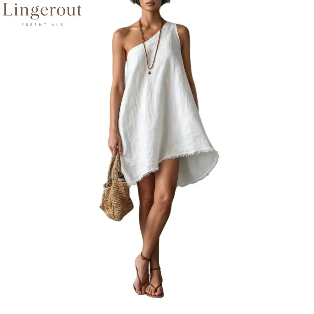 Linen One Shoulder Frayed Hem Asymmetrical Mini Swing Dress