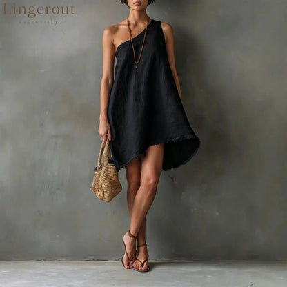 Linen One Shoulder Frayed Hem Asymmetrical Mini Swing Dress - Black / S