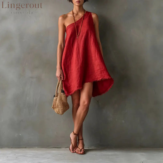 Linen One Shoulder Frayed Hem Asymmetrical Mini Swing Dress - Red / S