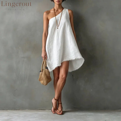 Linen One Shoulder Frayed Hem Asymmetrical Mini Swing Dress - White / S