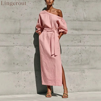 Linen One Shoulder Puff Sleeve Tie Waist Side Slit Midi Dress