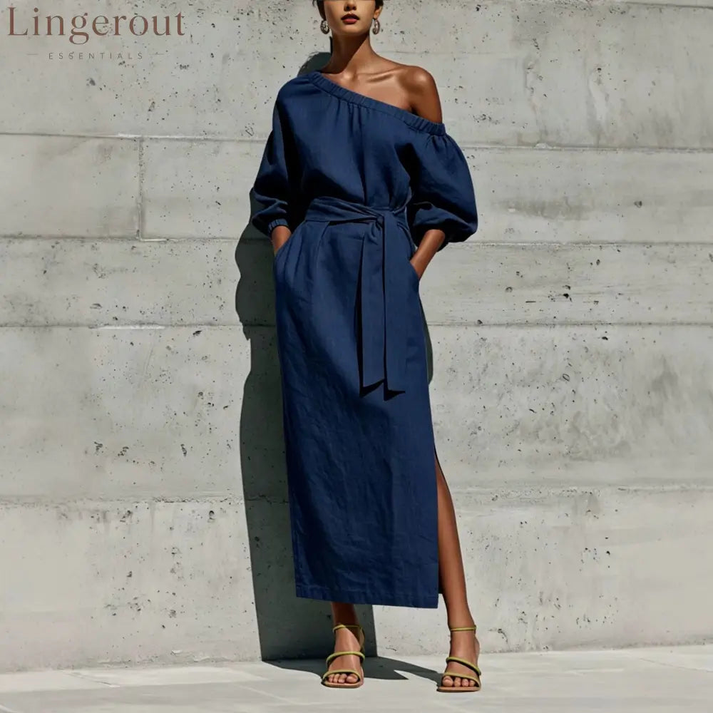 Linen One Shoulder Puff Sleeve Tie Waist Side Slit Midi Dress