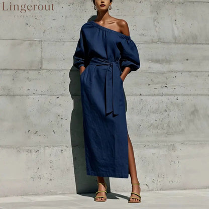 Linen One Shoulder Puff Sleeve Tie Waist Side Slit Midi Dress