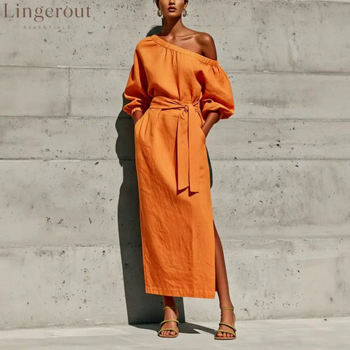 Linen One Shoulder Puff Sleeve Tie Waist Side Slit Midi Dress