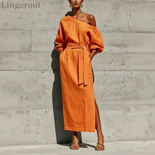 Linen One Shoulder Puff Sleeve Tie Waist Side Slit Midi Dress