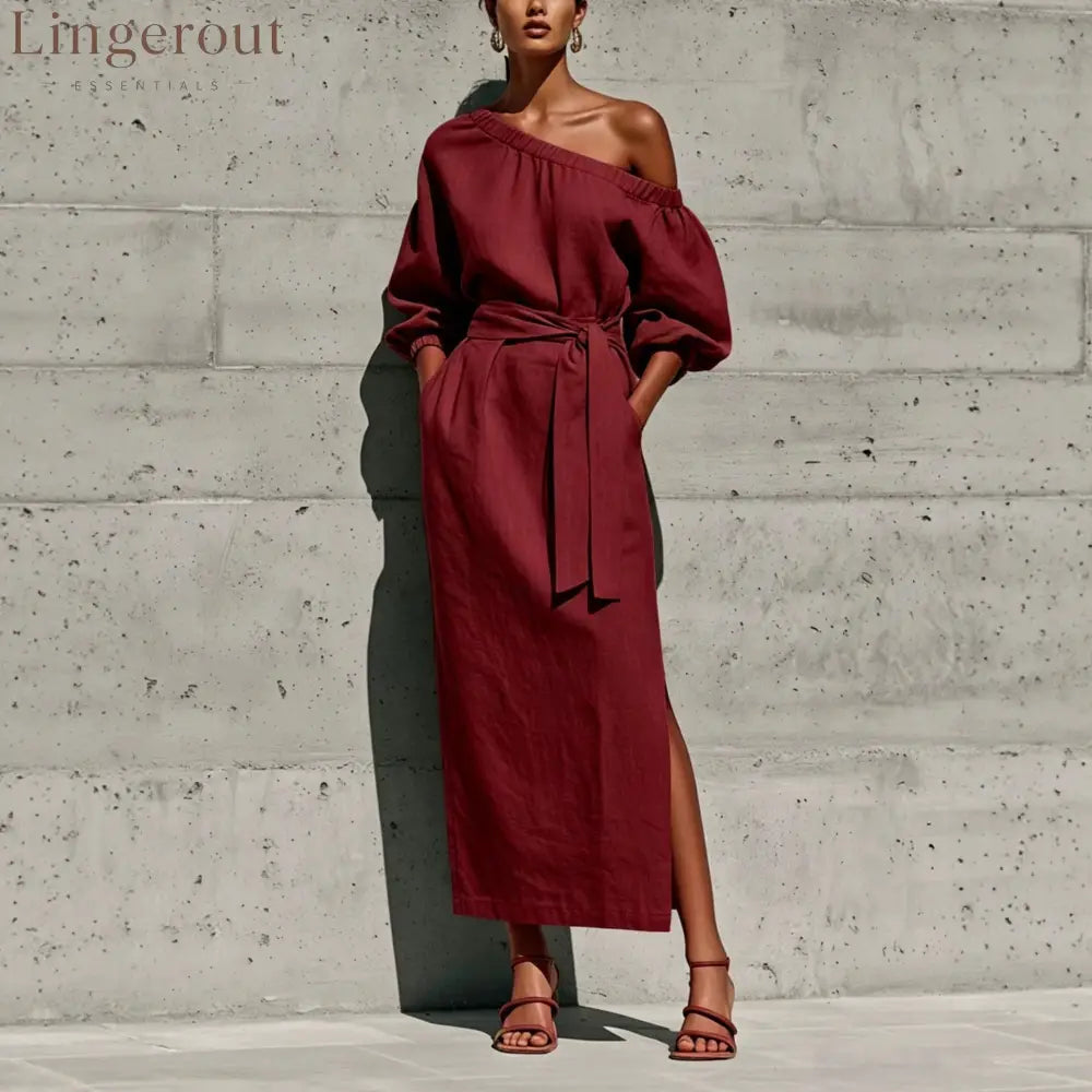 Linen One Shoulder Puff Sleeve Tie Waist Side Slit Midi Dress