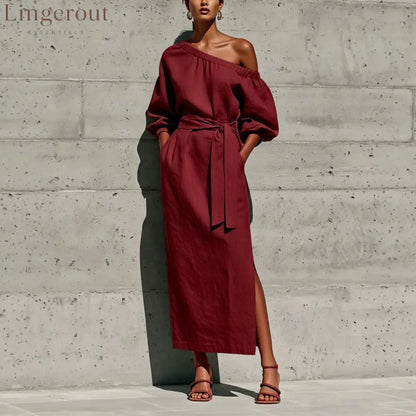 Linen One Shoulder Puff Sleeve Tie Waist Side Slit Midi Dress