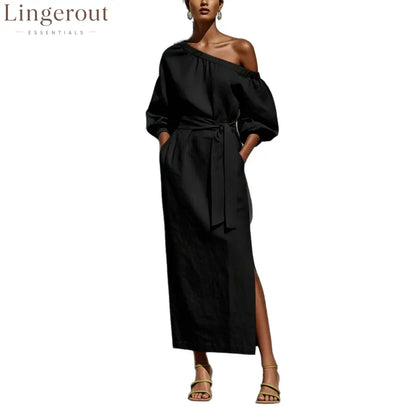 Linen One Shoulder Puff Sleeve Tie Waist Side Slit Midi Dress