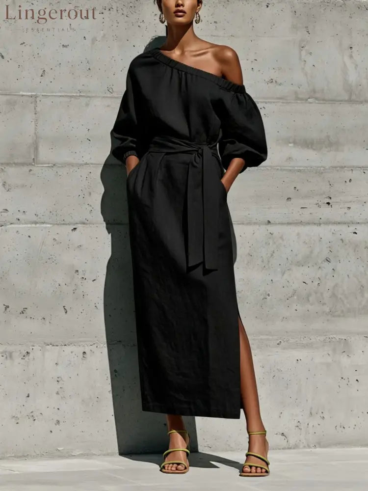 Linen One Shoulder Puff Sleeve Tie Waist Side Slit Midi Dress - Black / S