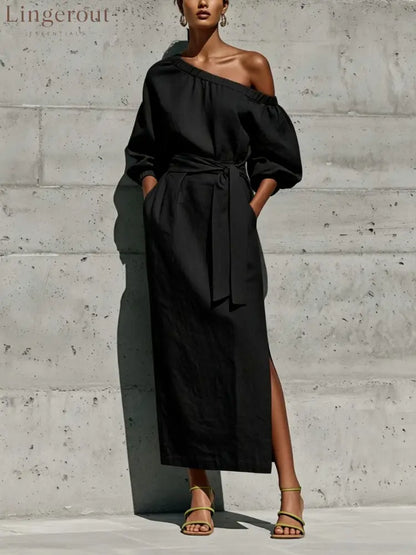 Linen One Shoulder Puff Sleeve Tie Waist Side Slit Midi Dress - Black / S