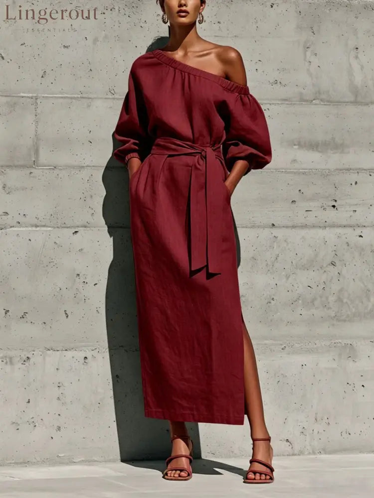 Linen One Shoulder Puff Sleeve Tie Waist Side Slit Midi Dress - Deep red / S