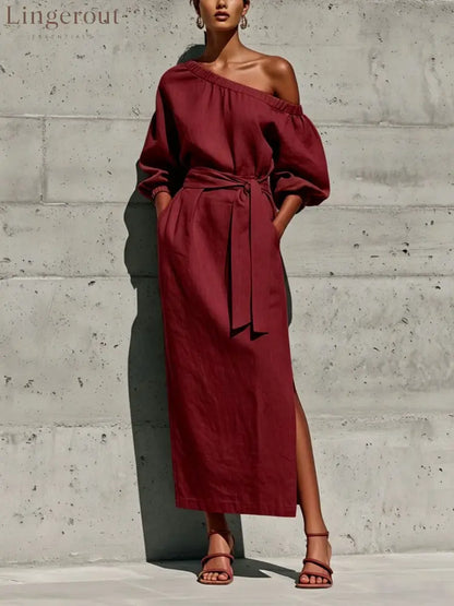 Linen One Shoulder Puff Sleeve Tie Waist Side Slit Midi Dress - Deep red / S