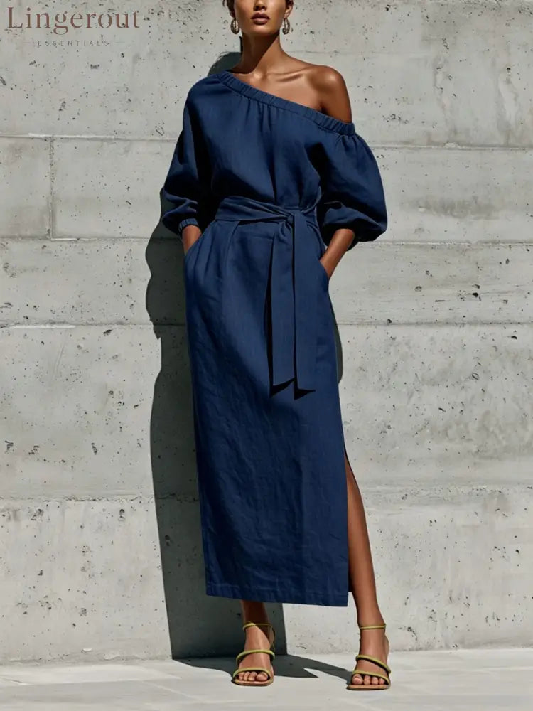 Linen One Shoulder Puff Sleeve Tie Waist Side Slit Midi Dress - Navy blue / S