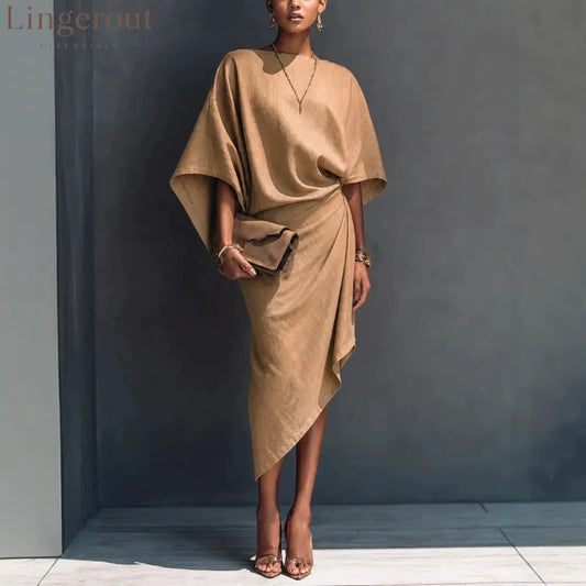Linen Oversized Dolman Wrap Asymmetric Midi Dress