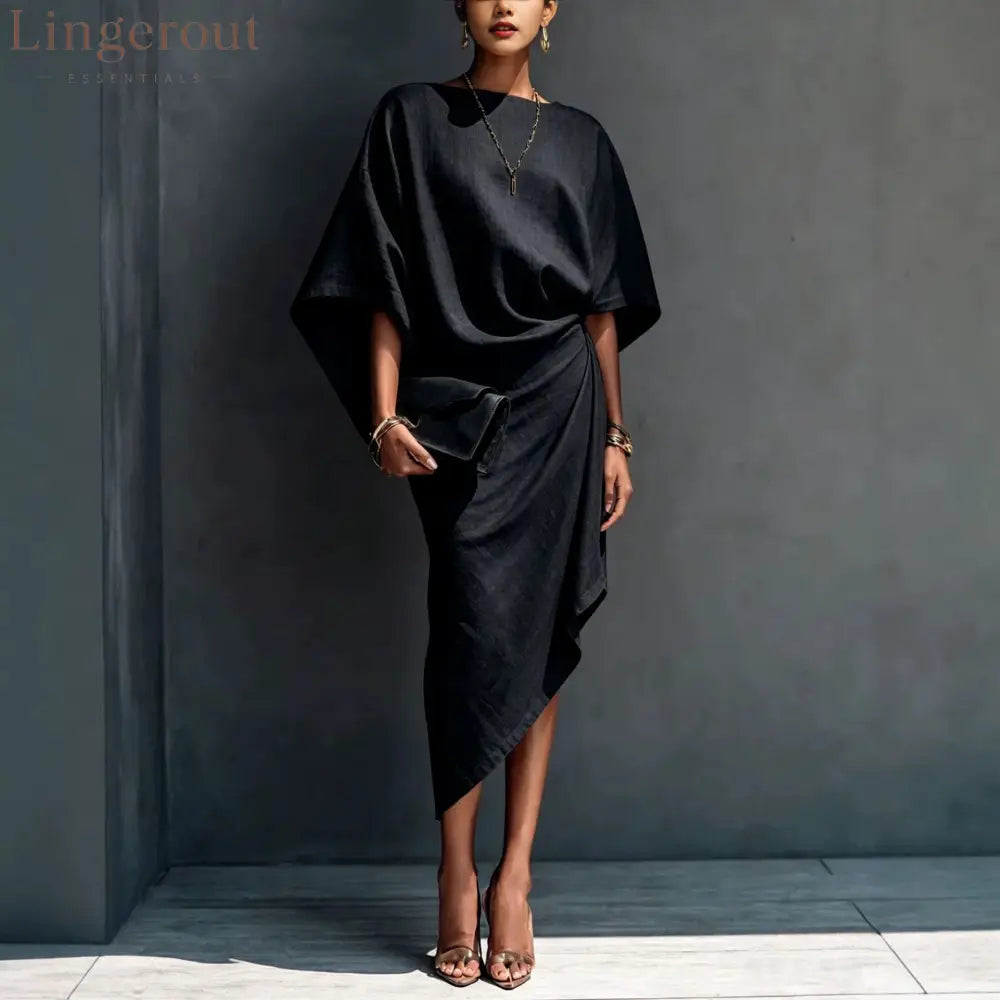 Linen Oversized Dolman Wrap Asymmetric Midi Dress