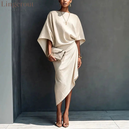 Linen Oversized Dolman Wrap Asymmetric Midi Dress