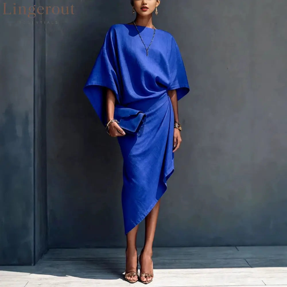Linen Oversized Dolman Wrap Asymmetric Midi Dress