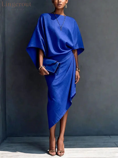 Linen Oversized Dolman Wrap Asymmetric Midi Dress - Blue / S