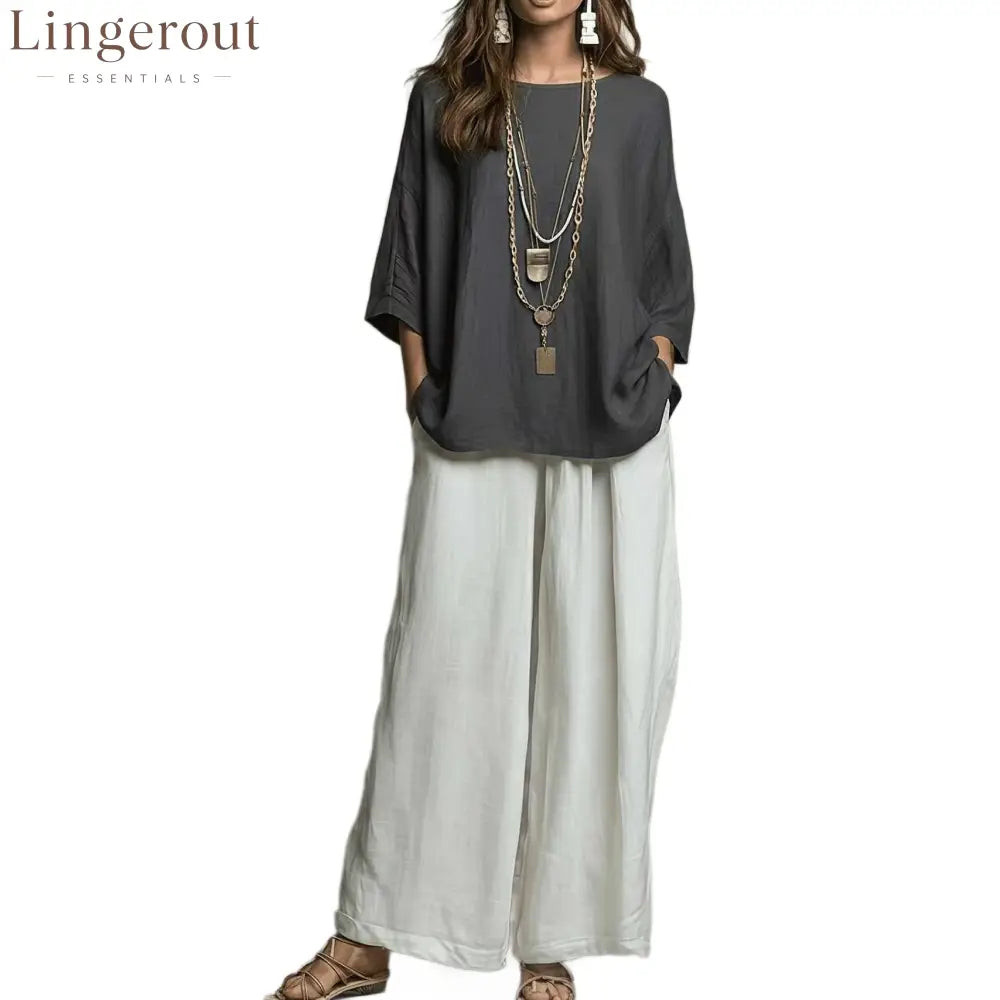 Linen Oversized Top & White Wide Leg Pants Two Piece Linen Set
