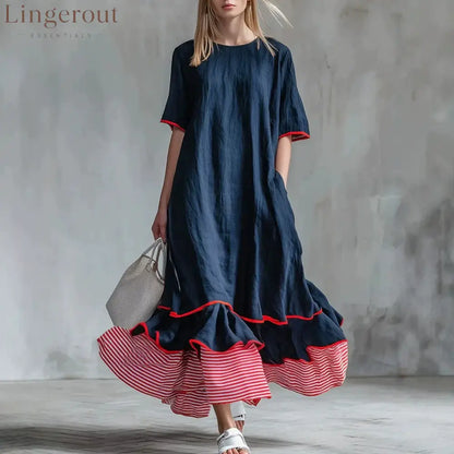 Linen Piping Stripe Ruffle Hem Loose Maxi Dress