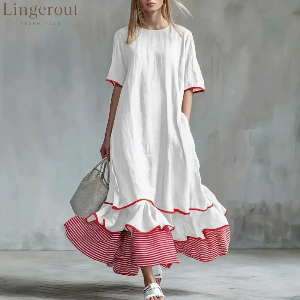 Linen Piping Stripe Ruffle Hem Loose Maxi Dress - White / S